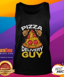 Funny pizza delivery guy in a tank top, smiling while holding a pizza box, showcasing the joy of pizza delivery.