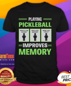 Funny playing pickleball improves memory t-shirt design featuring humorous graphics and text for pickleball enthusiasts.