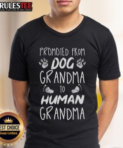 Funny 'Promoted From Dog Grandma To Human Grandma' T-Shirt showcasing a playful design perfect for proud grandmothers.