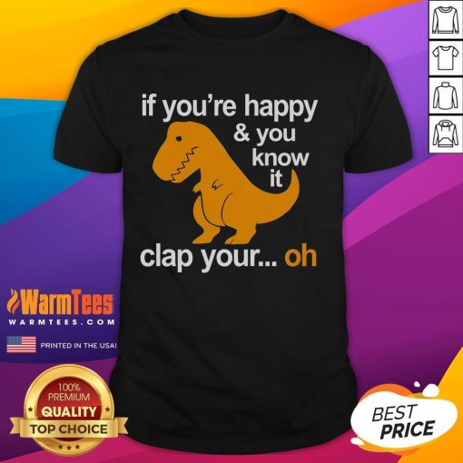 Funny dinosaur t-shirt featuring 'If You're Happy & You Know It Clap Your Hands' design, perfect for kids and dino lovers.