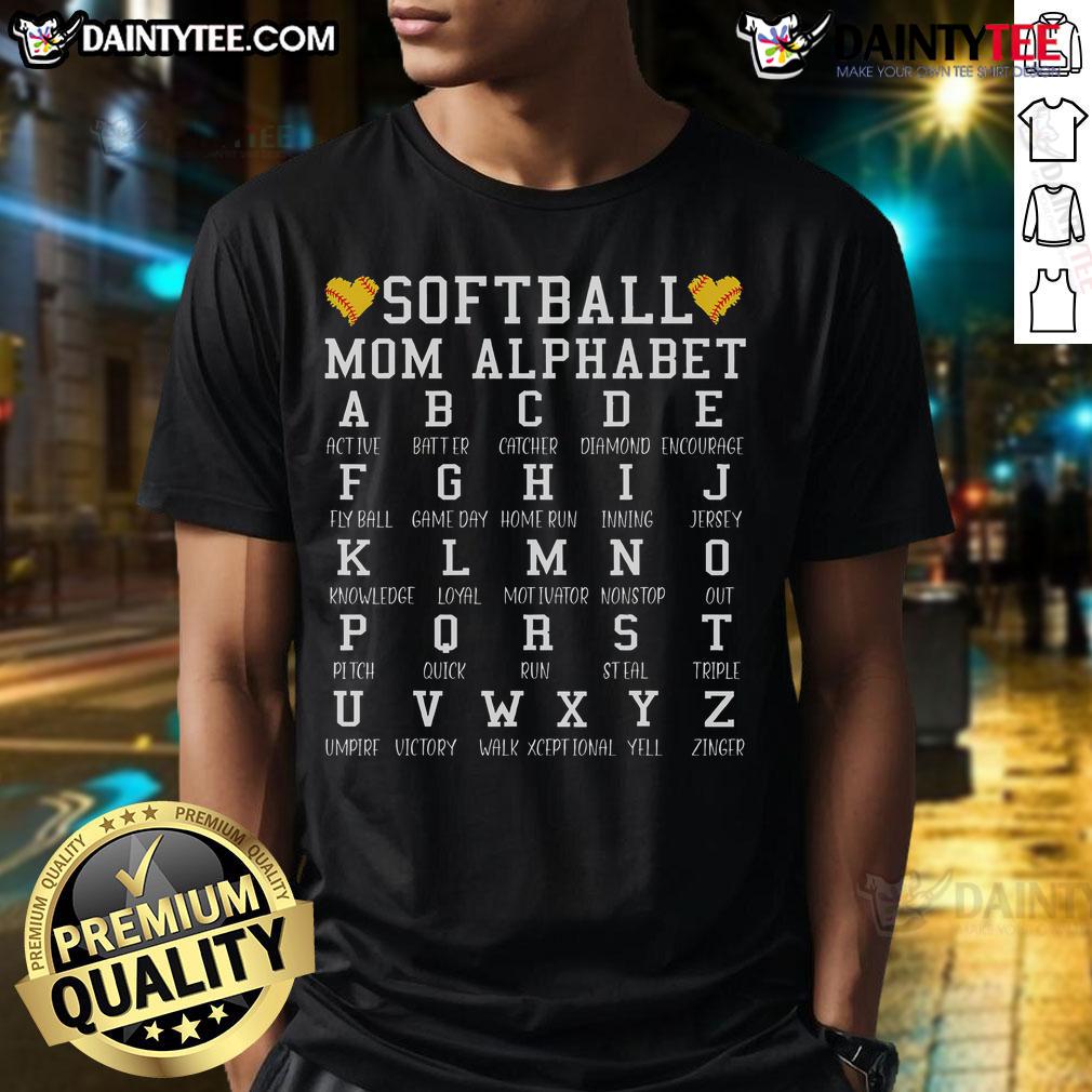 Funny Softball Mom Alphabet Active Batter Catcher T Shirt Funny Softball Mom Alphabet T-Shirt featuring an active batter and catcher design, perfect for proud softball moms.