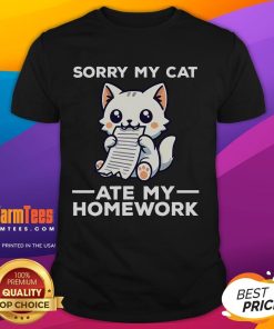 Funny Sorry My Cat Ate My Homework T-Shirt featuring a cute kitten, perfect for cat lovers and students with a sense of humor.