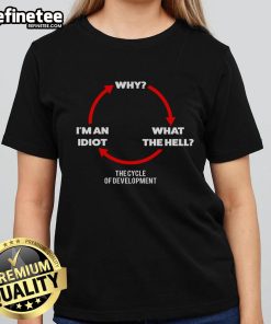 Alt Text: Funny cycle of development tee for ladies, featuring humorous text 'Why Wth I'm an Idiot' in vibrant colors.