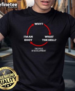 Alt Text: Funny 'The Cycle Of Development Why Wth I'M An Idiot' T-Shirt showcasing a humorous take on programming challenges.