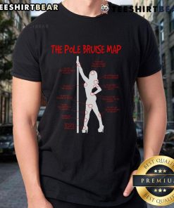 Funny 'The Pole Bruise Map' pole dancing t-shirt featuring humorous graphics about pole dance injuries.