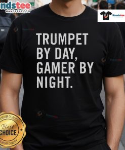 Funny Trumpet Musician T-Shirt featuring a playful design of a trumpet player who games at night, perfect for music lovers.