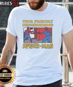 Funny Your Friendly Neighborhood Spider-Man Pointing Meme T-Shirt featuring iconic Spider-Man characters in a playful design.