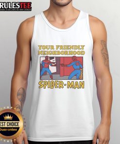 Funny Your Friendly Neighborhood Spider-Man Pointing Meme tank top design featuring iconic Spider-Man characters.