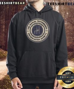 Good 4 Speed Manual Transmission Preservation Society hoodie displayed on a hanger, showcasing its stylish design and logo.