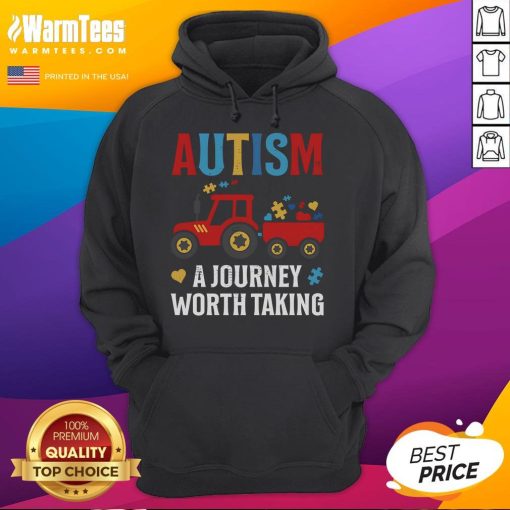 Autistic hoodie featuring a tractor design, celebrating the journey of autism with vibrant colors and positive messages.