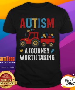 Good Autism A Journey Worth Taking T-Shirt featuring a tractor design, celebrating autism awareness and acceptance.