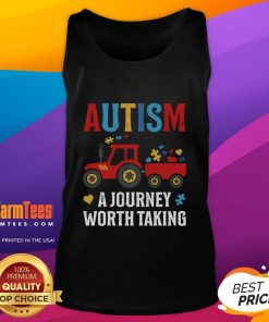 Autistic tank top featuring 'Good Autism: A Journey Worth Taking' with a colorful tractor design, celebrating autism awareness.