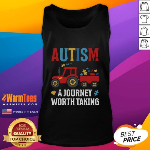 Autistic tank top featuring 'Good Autism: A Journey Worth Taking' with a colorful tractor design, celebrating autism awareness.