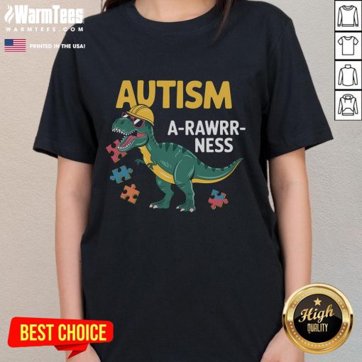 Good Autism Awareness Dinosaur Puzzle Piece Acceptance Ladies Tee featuring vibrant design promoting acceptance and inclusivity.