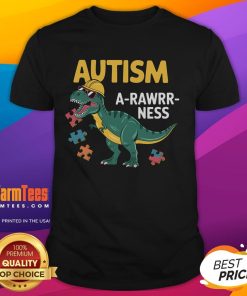Good Autism Awareness Dinosaur Puzzle Piece Acceptance T-Shirt featuring a colorful dinosaur and puzzle piece design.