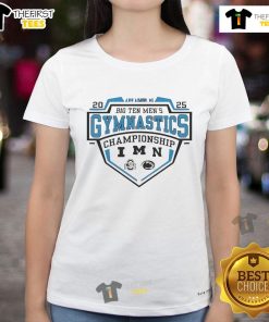 Alt Text: 2025 Big Ten Men's Gymnastics Tournament ladies tee featuring team logos and vibrant design for fans.