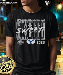 Good Byu Cougars 2025 NCAA Men's Basketball Tournament March Madness Sweet 16 T-Shirt design featuring team colors and logo.