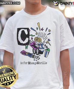 Good C Is For Cheap Thrills Pop Art T-Shirt featuring vibrant graphics and bold colors, perfect for art and music lovers.