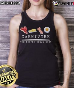 Good Carnivore tank top featuring 'The Proper Human Diet' with beef, butter, bacon, and eggs design for keto enthusiasts.