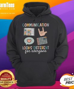 Alt Text: SPED teacher wearing an 'Good Communication Looks Different For Everyone' hoodie, promoting inclusivity for ASD students.