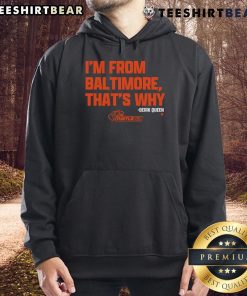 Good Derik wearing a vibrant orange hoodie that says 'I'm From Baltimore' showing style and pride.