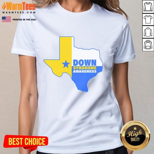 Texas State ladies tee featuring Down Syndrome awareness design, promoting inclusion and support for individuals with Down Syndrome.