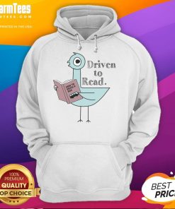 Good Driven to Read Pigeon wearing a hoodie, happily reading books in a cozy setting, perfect for book lovers.