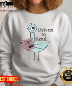 Alt Text: Pigeon wearing a sweatshirt reads books, showcasing the Good Driven to Read theme with a whimsical touch.