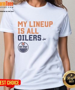 Alt Text: Good Edmonton Oilers My Lineup Is All Logo Ladies Tee showcasing team spirit and style for female fans.