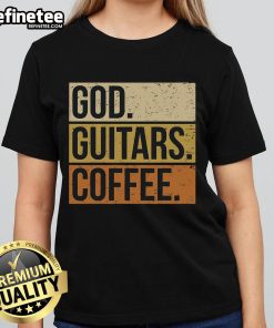 Good God Guitar coffee tee featuring a guitarist, perfect for music lovers and coffee enthusiasts.
