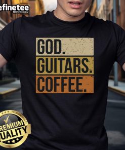 Alt Text: Good God Guitar Coffee T-Shirt featuring a guitarist, perfect for music lovers and guitar enthusiasts.