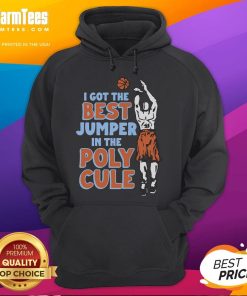 Person wearing 'Good I Got The Best Jumper In The Polycule' hoodie, showcasing vibrant design and cozy fit.
