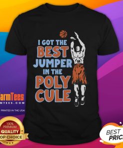 Person wearing 'Good I Got The Best Jumper In The Polycule' T-shirt, showcasing colorful graphic design and casual style.