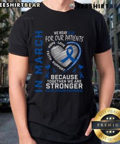 Colon Cancer Awareness nurse T-shirt in blue for March, promoting health and support for patients battling colon cancer.