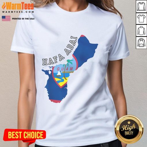 Good Island of Guam map with flag design on a stylish ladies tee, showcasing Guam's beauty and culture.