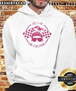 Good Just A Girl Who Loves Racing hoodie featuring race day checkered flags design, perfect for racing fans.