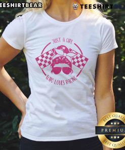 Good Just A Girl Who Loves Racing Race Day Tee with checkered flags design for ladies, perfect for race enthusiasts.