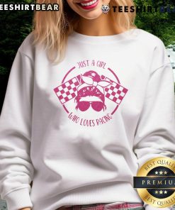 Good Just A Girl Who Loves Racing sweatshirt with checkered flags, perfect for race day enthusiasts.