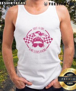 Alt Text: Good Just A Girl Who Loves Racing tank top featuring checkered flags for race day style and enthusiasm.