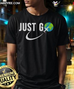 Good Just Go Travel Addict T-Shirt featuring a globe and airplane, perfect for solo travelers and adventure enthusiasts.
