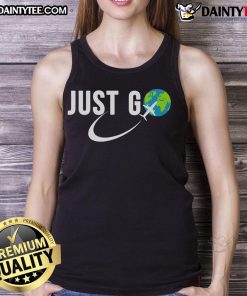 Solo traveler in a 'Good Just Go' tank top, exploring the world with a globe and airplane, perfect for travel addicts.