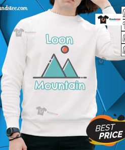 Cozy Good Loon Mountain sweatshirt featuring scenic Lincoln, New Hampshire mountains, perfect for outdoor enthusiasts.