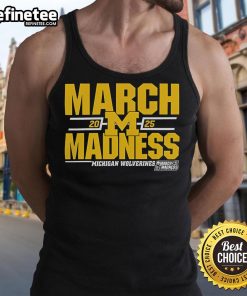 Alt Text: Stylish Michigan Wolverines 2025 March Madness D1 Men's Basketball tank top featuring team colors and logo.