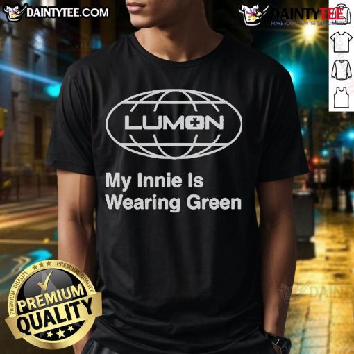 Alt Text: Good My Innie wearing a green Lumon Globe T-shirt, showcasing a stylish and comfortable outfit.
