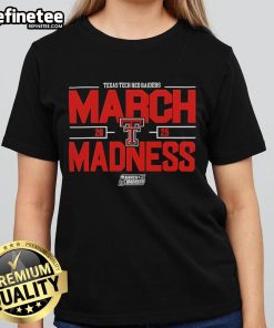 Texas Tech Red Raiders March Madness ladies tee for 2025 NCAA Men's Basketball, featuring team colors and logo.