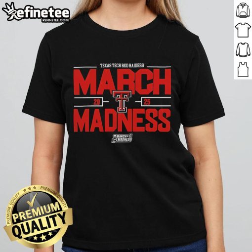 Texas Tech Red Raiders March Madness ladies tee for 2025 NCAA Men's Basketball, featuring team colors and logo.