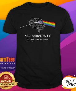 Colorful rainbow brain graphic on a t-shirt promoting neurodiversity and autism spectrum awareness, featuring ASD and ADHD themes.