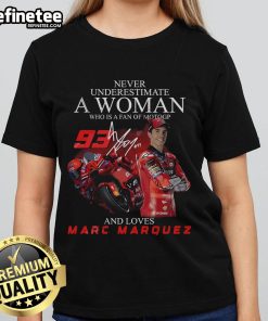 Alt Text: Limited edition ladies tee featuring 'Never Underestimate a Woman' MotoGP design, celebrating Marc Marquez.