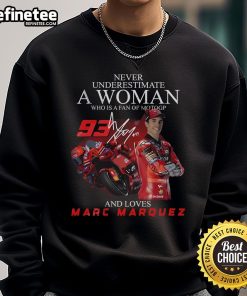 Limited edition sweatshirt featuring 'Never Underestimate a Woman' for MotoGP fans, celebrating Marc Marquez.