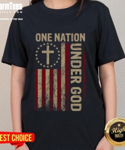 Good One Nation Under God Flag 4th of July Patriotic Christian Ladies Tee showcasing vibrant red, white, and blue design.